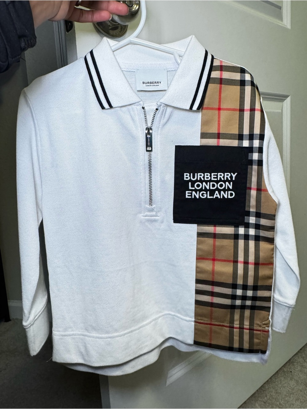 Burberry White Polo Zip Top with Vintage Check Panel and Black Logo Patch